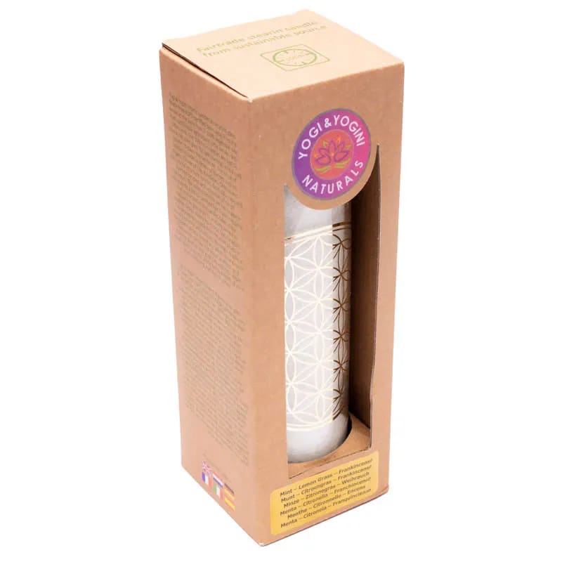 Élet virága gyertya 100 % természetes tömjén, menta, indiai citromfű illóolajokkal- üvegben - fehér 